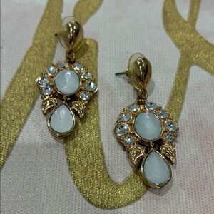 Elegant Gold Tone and White Rhinestone Pierced Post Drop Earrings